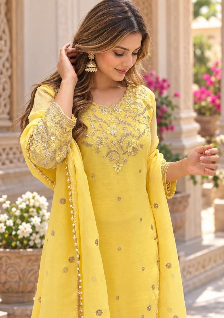 Yellow Embroidery Organza Kurta Set - Indya