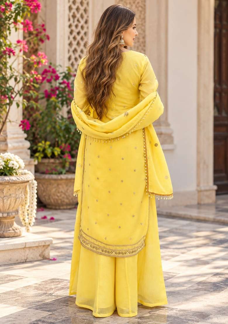 Yellow Embroidery Organza Kurta Set - Indya