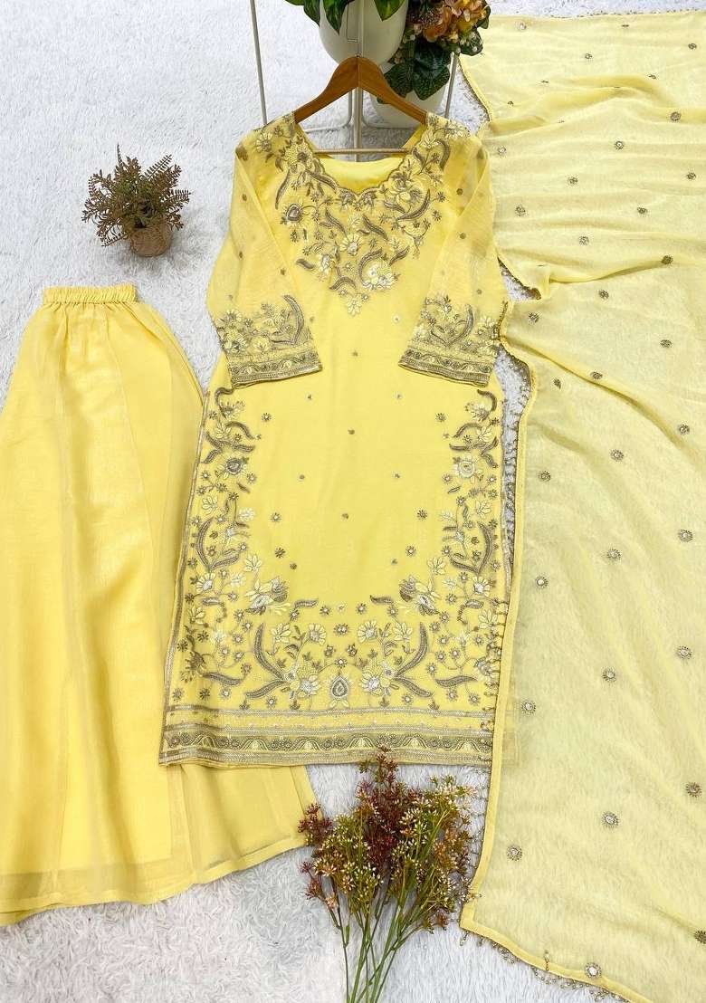 Yellow Embroidery Organza Kurta Set - Indya