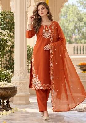 Orange Embroidery Silk Kurta Set