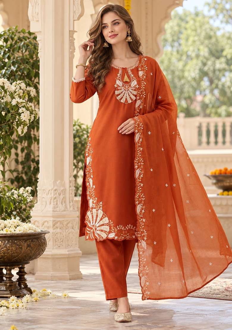 Orange Embroidery Silk Kurta Set - Indya