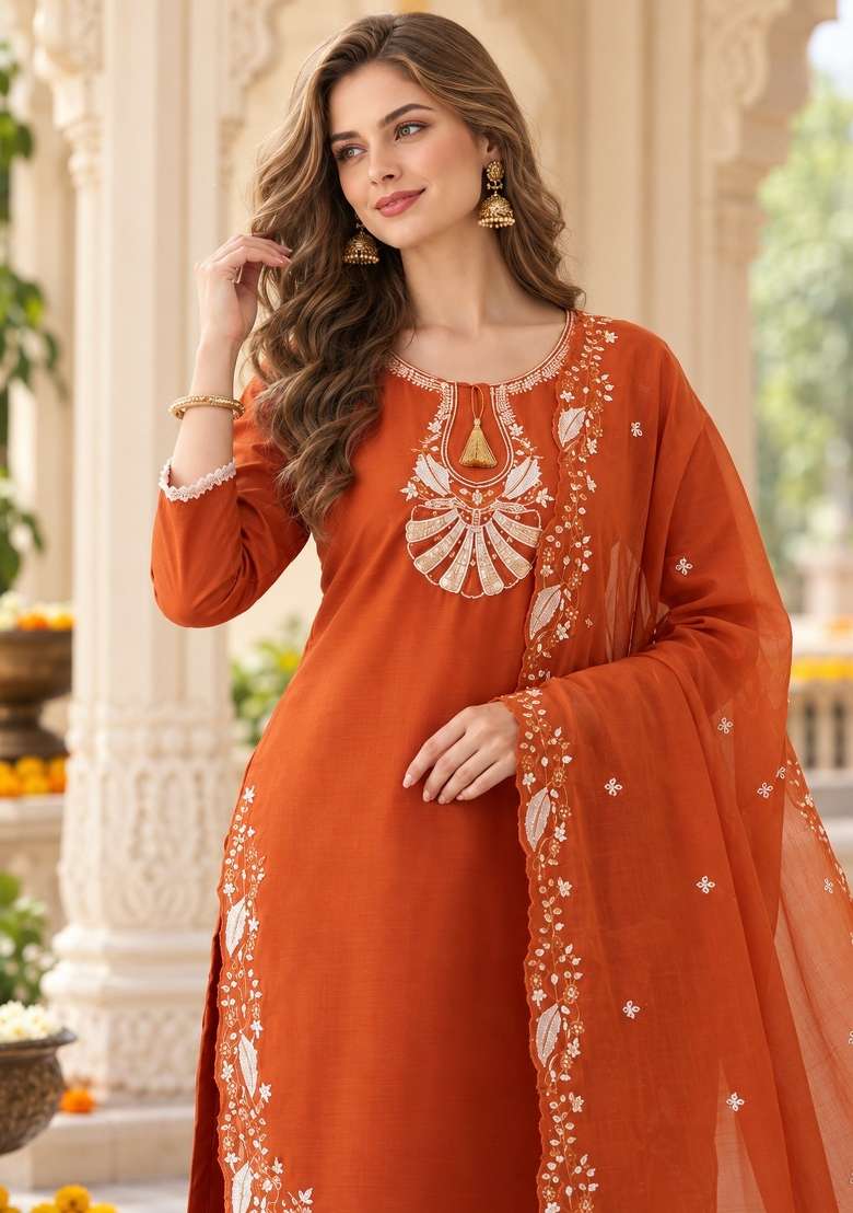 Orange Embroidery Silk Kurta Set - Indya
