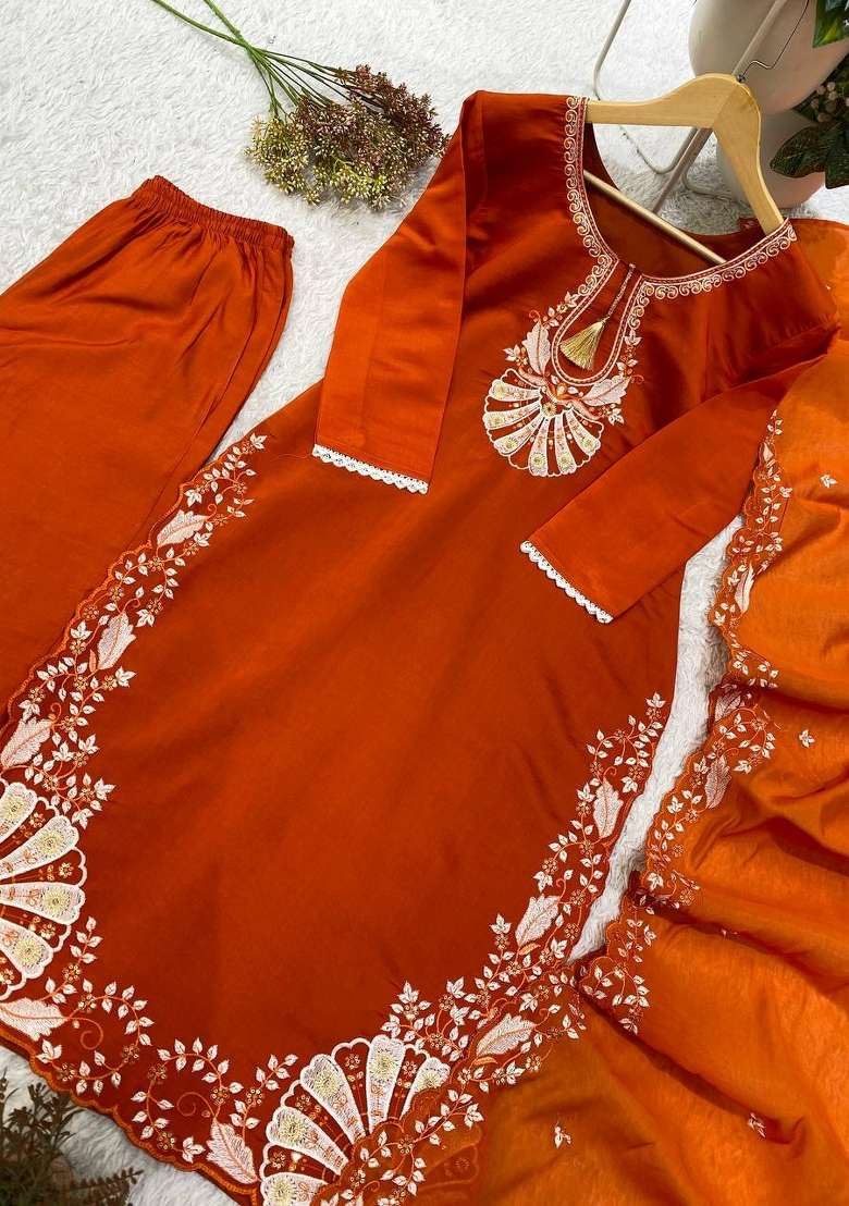 Orange Embroidery Silk Kurta Set - Indya