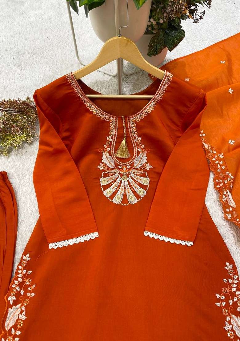 Orange Embroidery Silk Kurta Set - Indya
