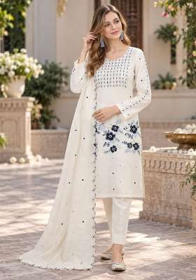White Embroidery Silk Kurta Set