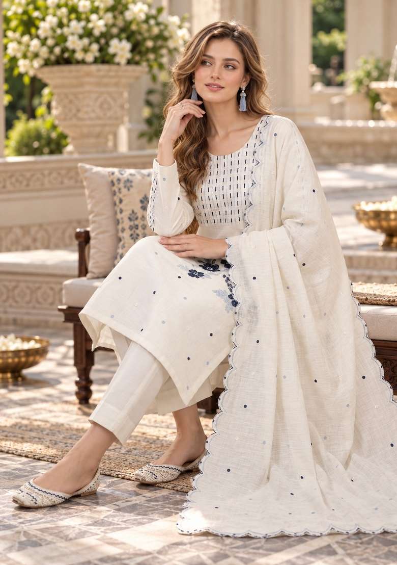 White Embroidery Silk Kurta Set - Indya