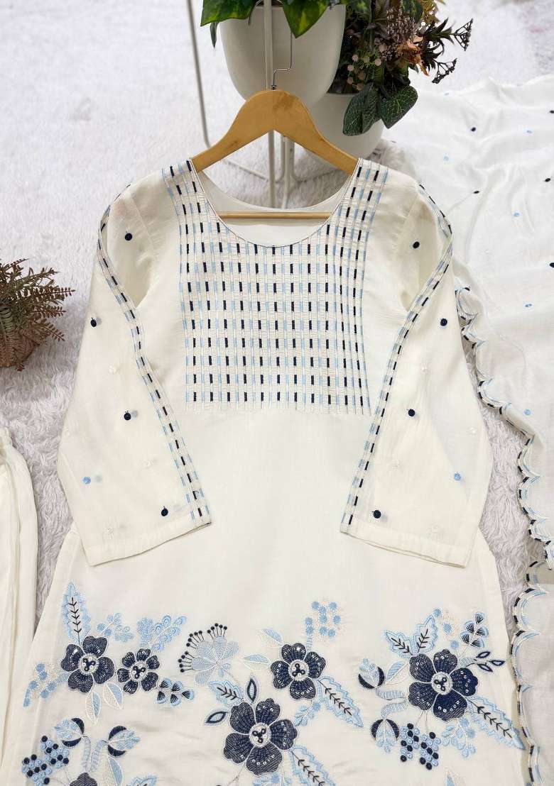 White Embroidery Silk Kurta Set - Indya