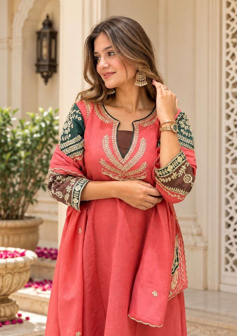Coral Embroidery Chanderi Kurta Set - Indya