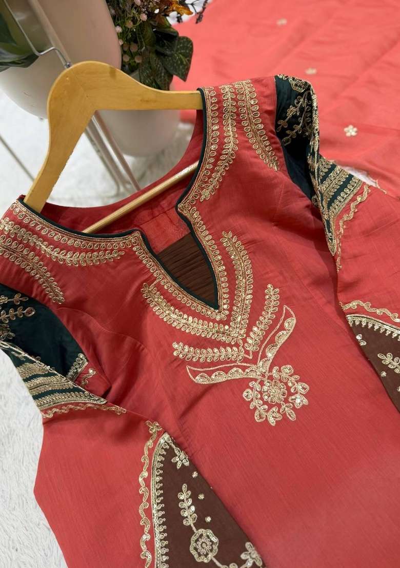 Coral Embroidery Chanderi Kurta Set - Indya