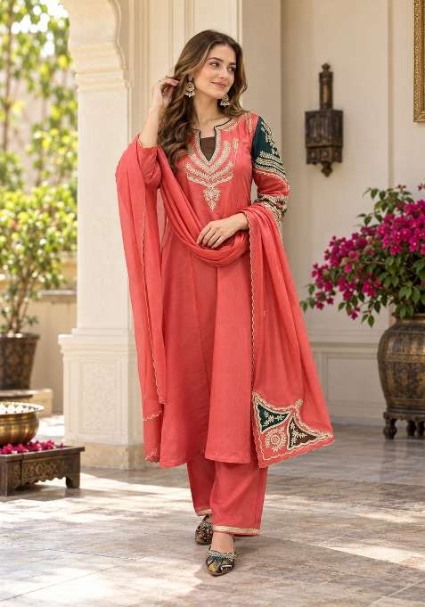 Coral Embroidery Chanderi Kurta Set