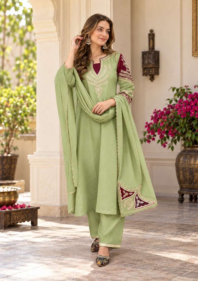 Light Green Embroidery Chanderi Kurta Set - Indya