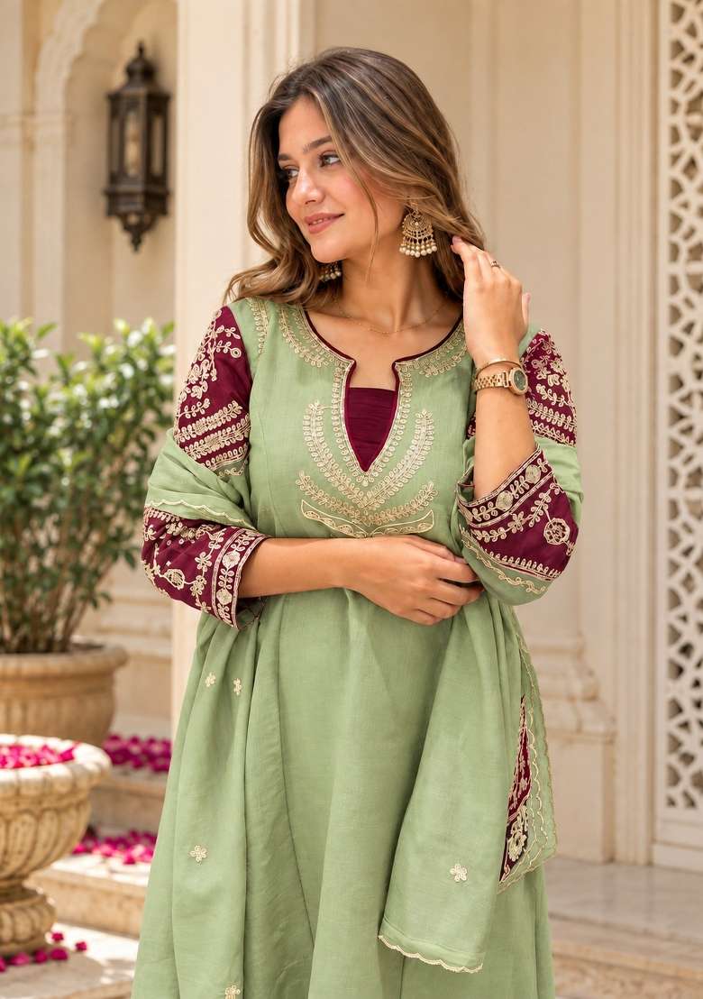Light Green Embroidery Chanderi Kurta Set - Indya