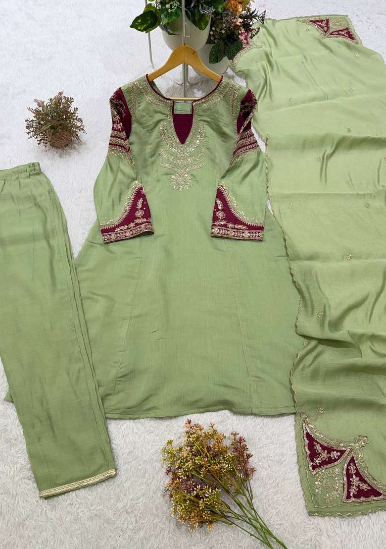 Light Green Embroidery Chanderi Kurta Set - Indya