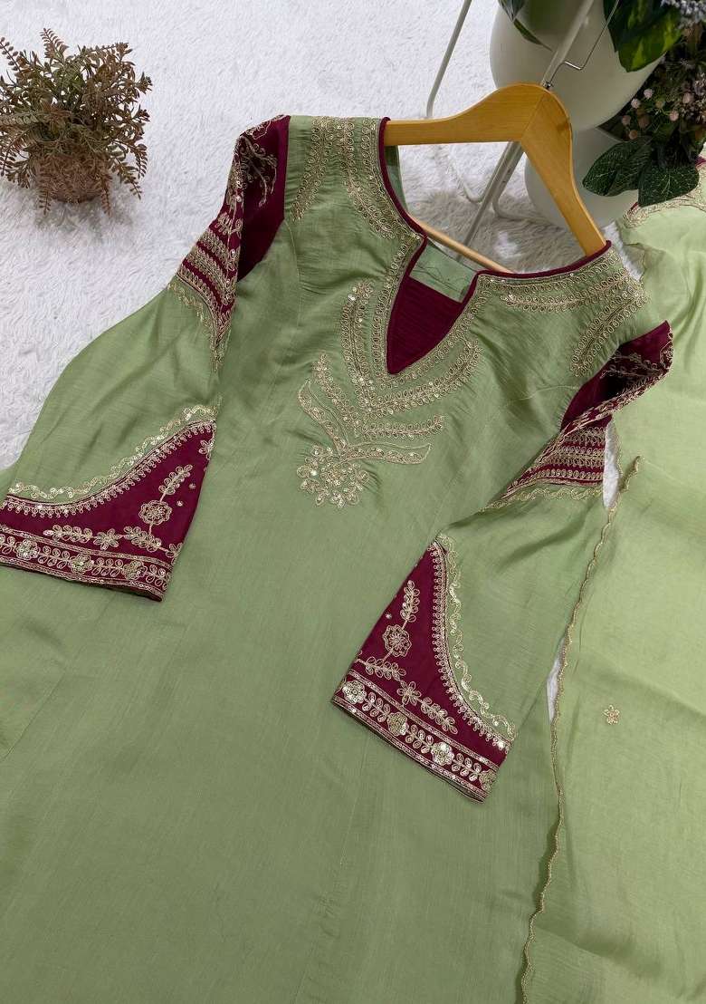 Light Green Embroidery Chanderi Kurta Set - Indya