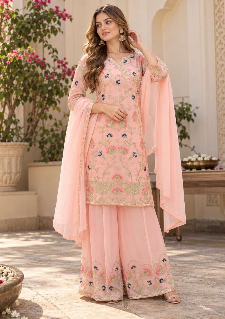 Peach Embroidery Georgette Kurta Set - Indya