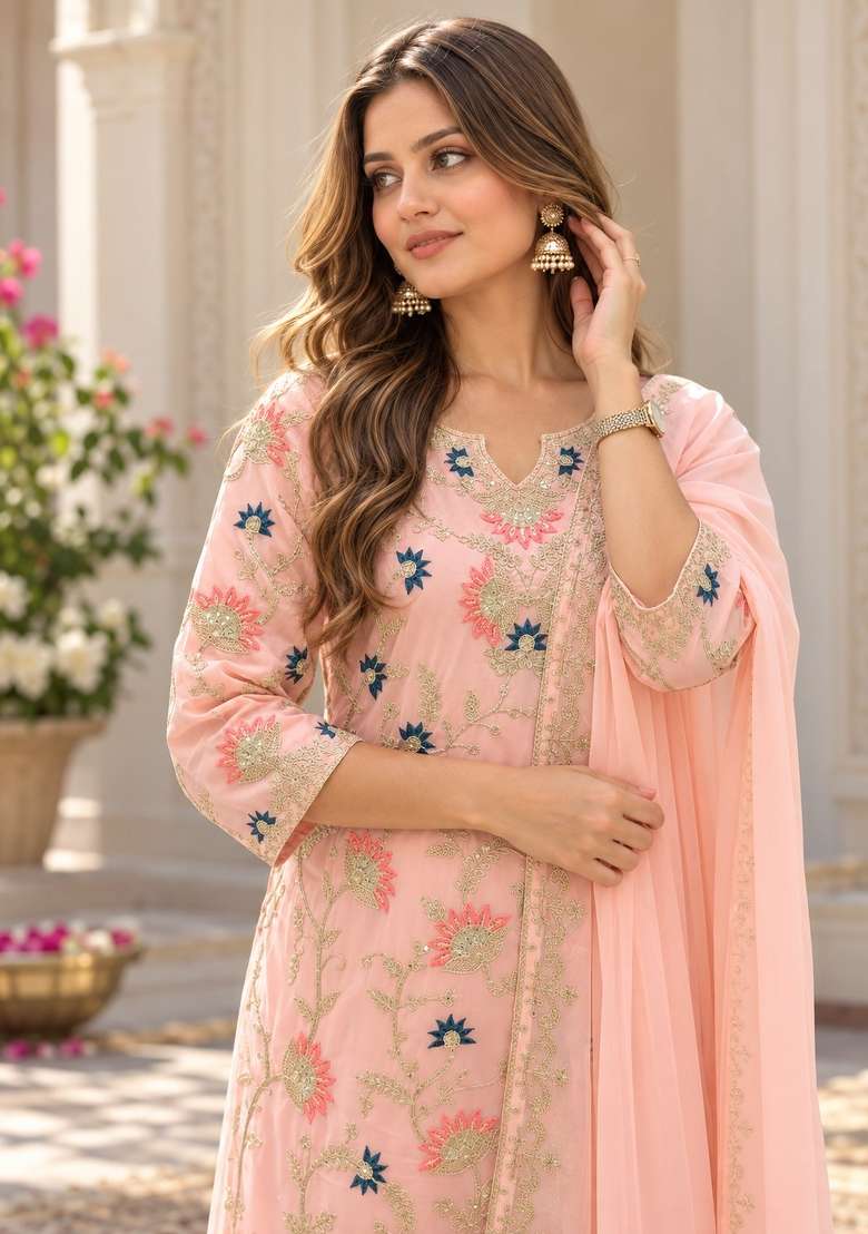 Peach Embroidery Georgette Kurta Set - Indya