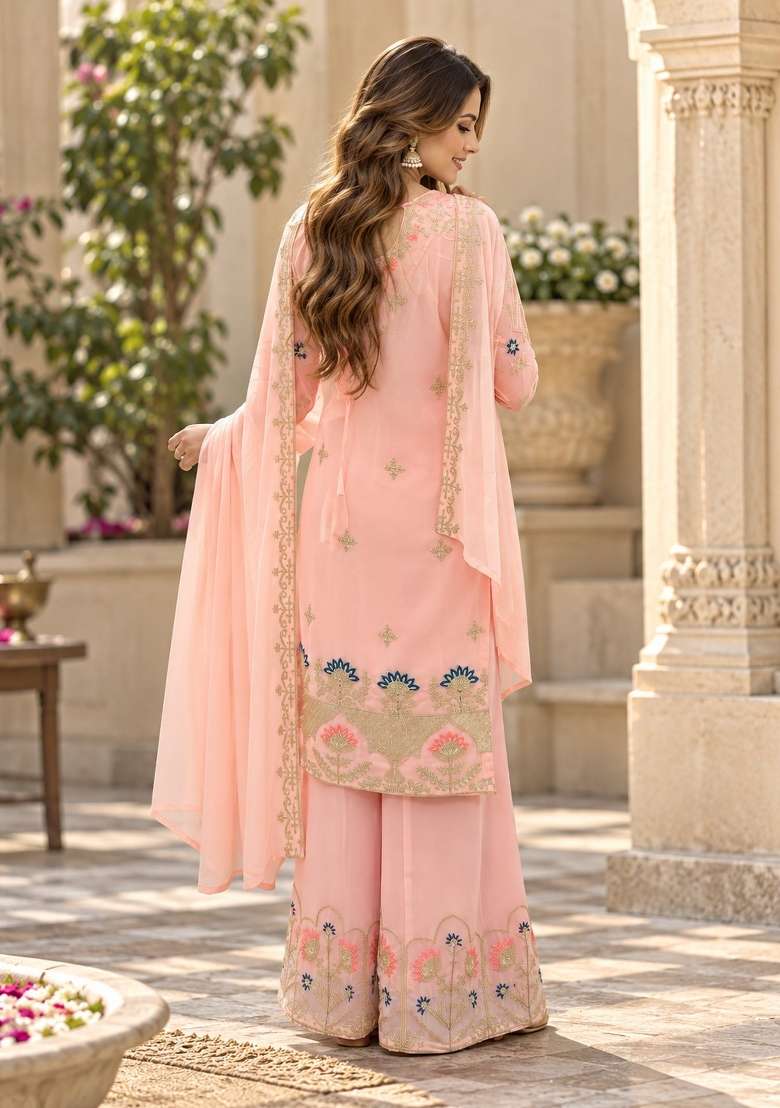 Peach Embroidery Georgette Kurta Set - Indya