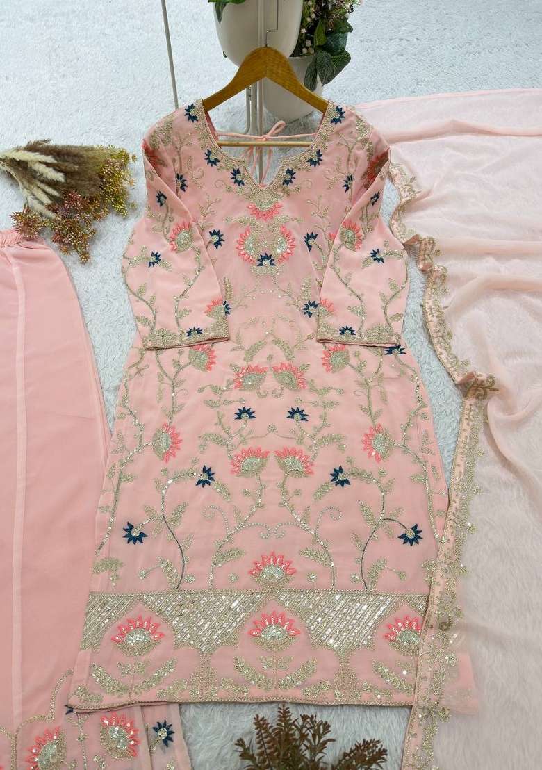 Peach Embroidery Georgette Kurta Set - Indya