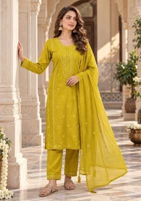 Mustard Embroidery Silk Kurta Set