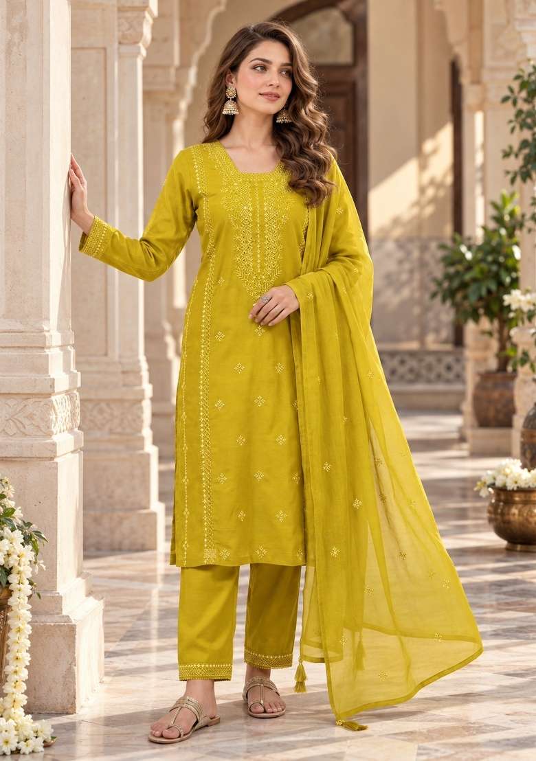 Mustard Embroidery Silk Kurta Set - Indya