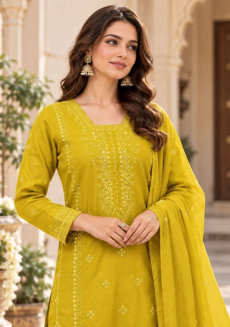 Mustard Embroidery Silk Kurta Set - Indya