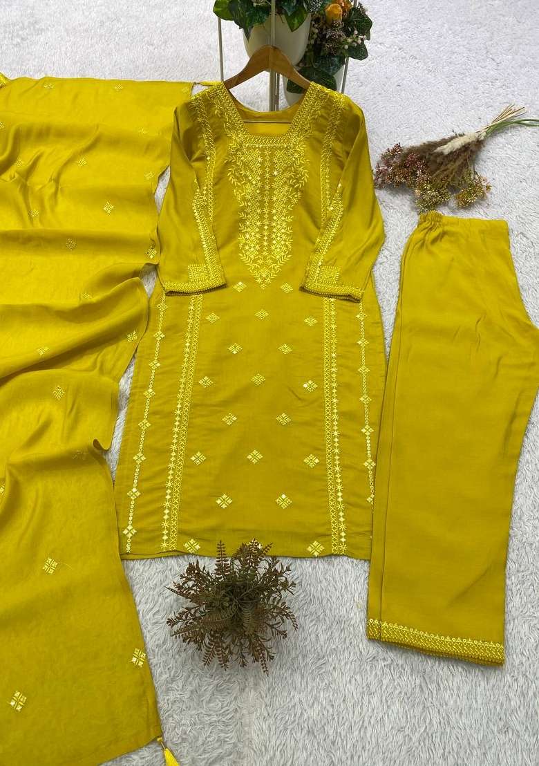 Mustard Embroidery Silk Kurta Set - Indya