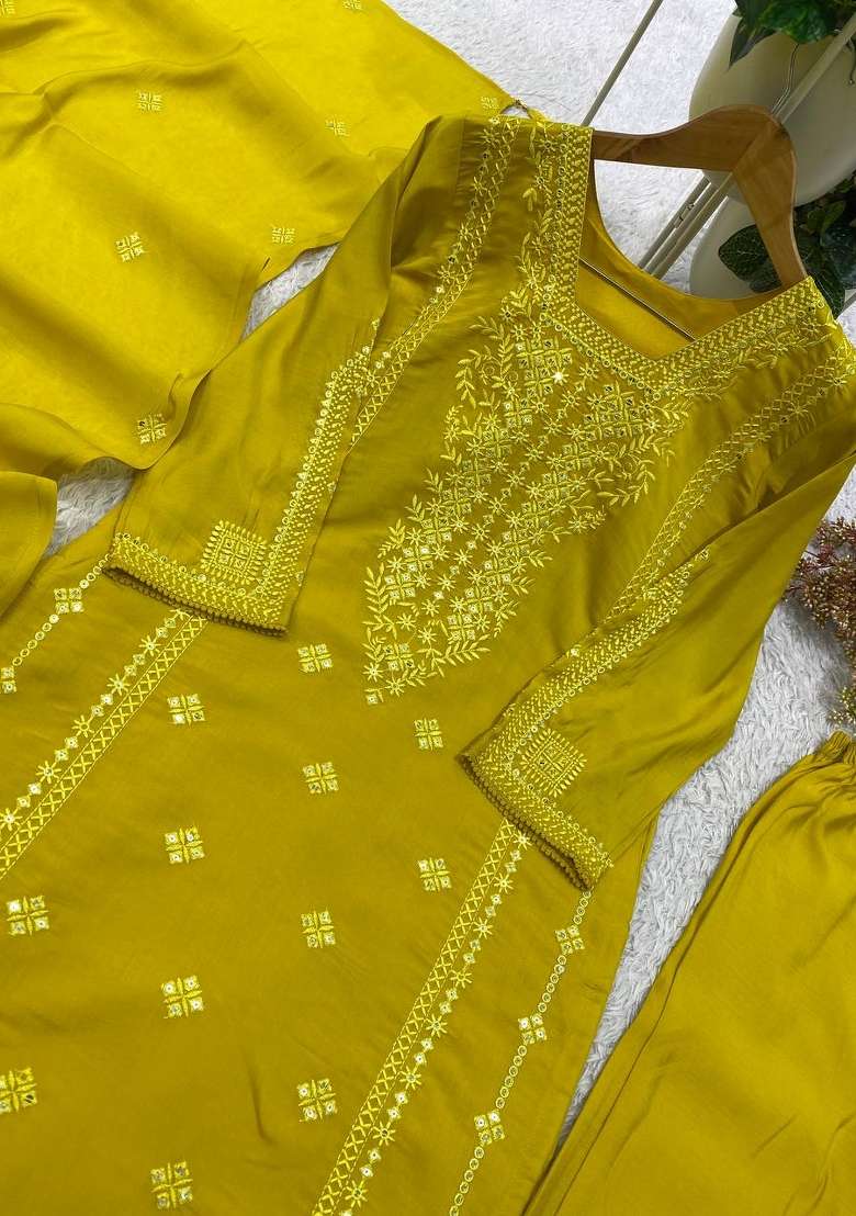 Mustard Embroidery Silk Kurta Set - Indya