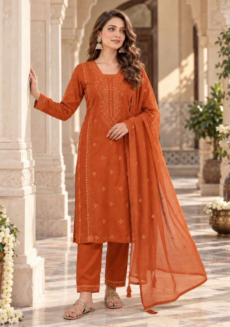 Orange Embroidery Silk Kurta Set - Indya