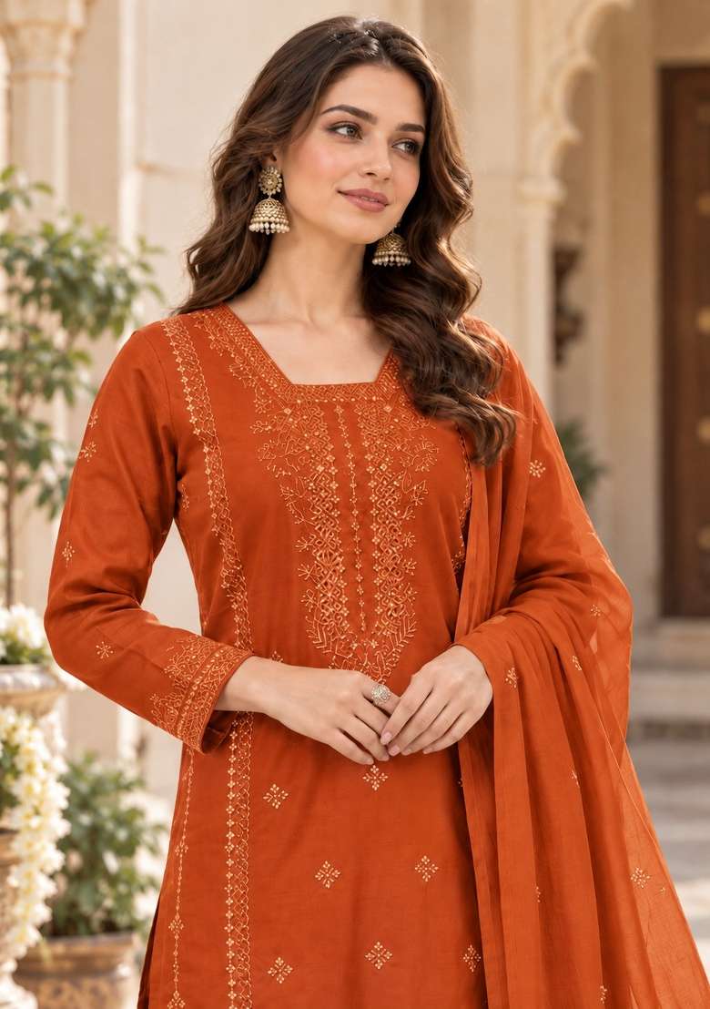 Orange Embroidery Silk Kurta Set - Indya