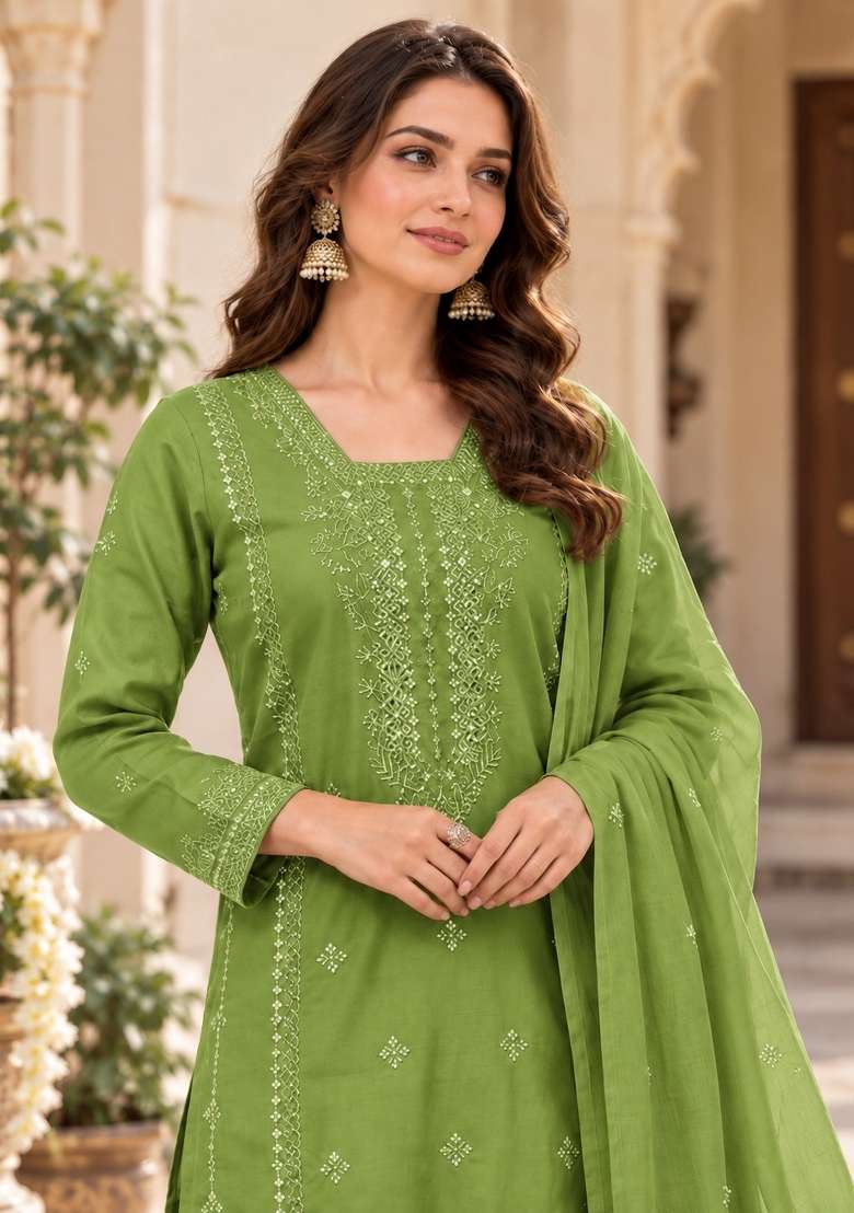 Olive Embroidery Silk Kurta Set - Indya