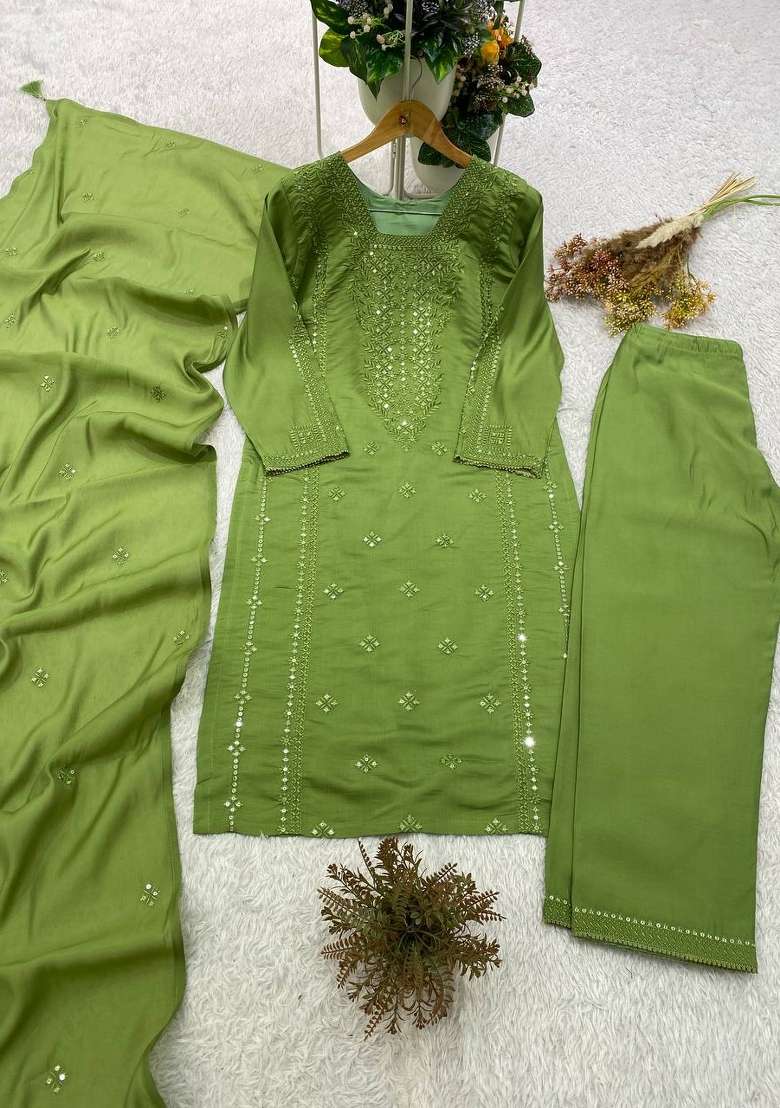 Olive Embroidery Silk Kurta Set - Indya