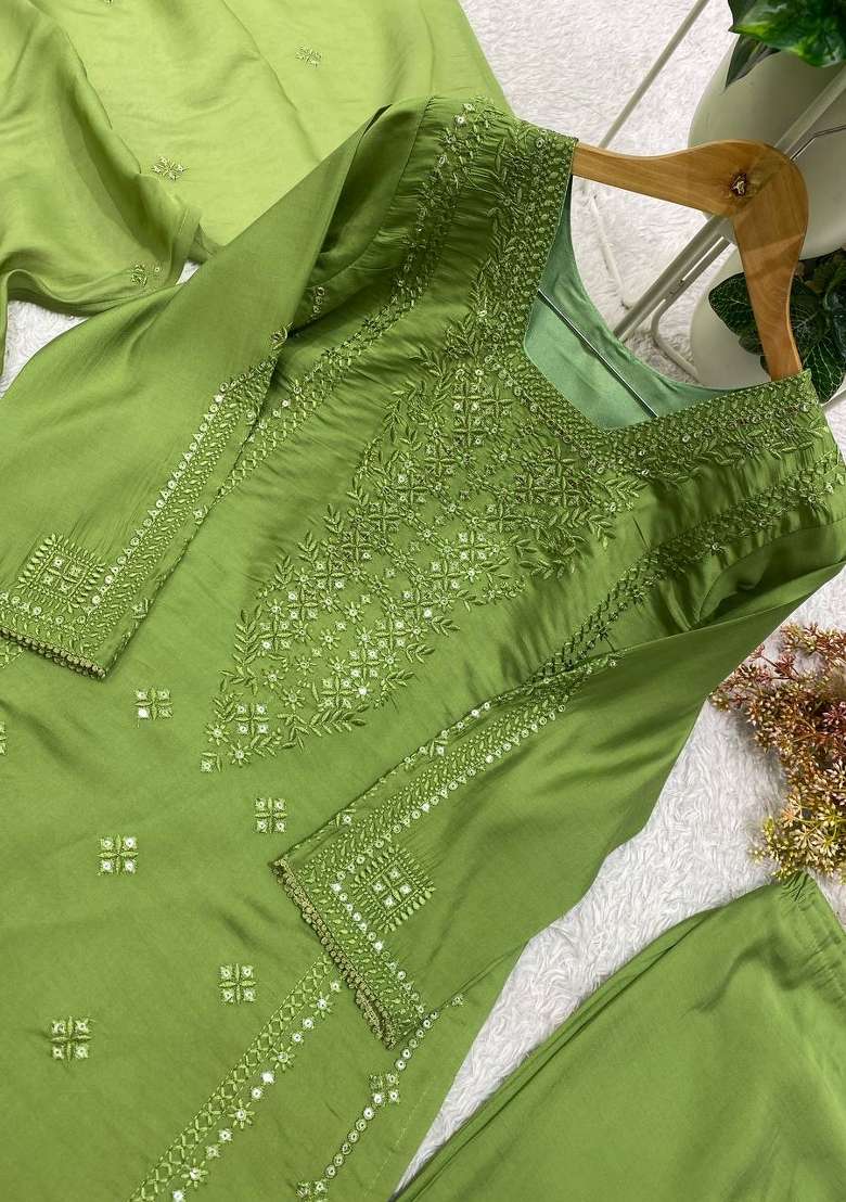 Olive Embroidery Silk Kurta Set - Indya