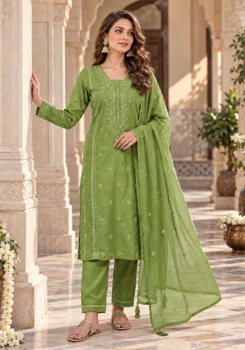 Olive Embroidery Silk Kurta Set