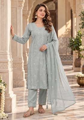 Grey Embroidery Silk Kurta Set