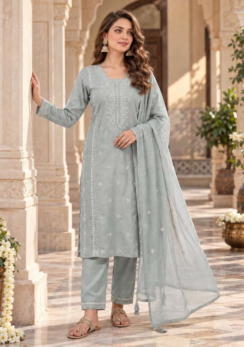 Grey Embroidery Silk Kurta Set - Indya
