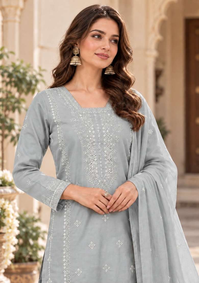 Grey Embroidery Silk Kurta Set - Indya