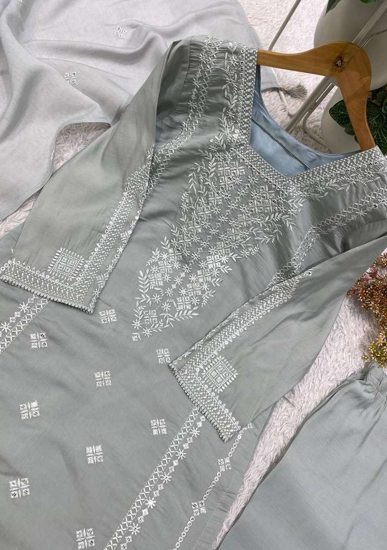 Grey Embroidery Silk Kurta Set - Indya