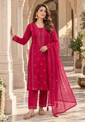 Magenta Embroidery Silk Kurta Set