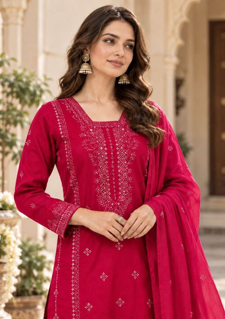 Magenta Embroidery Silk Kurta Set - Indya