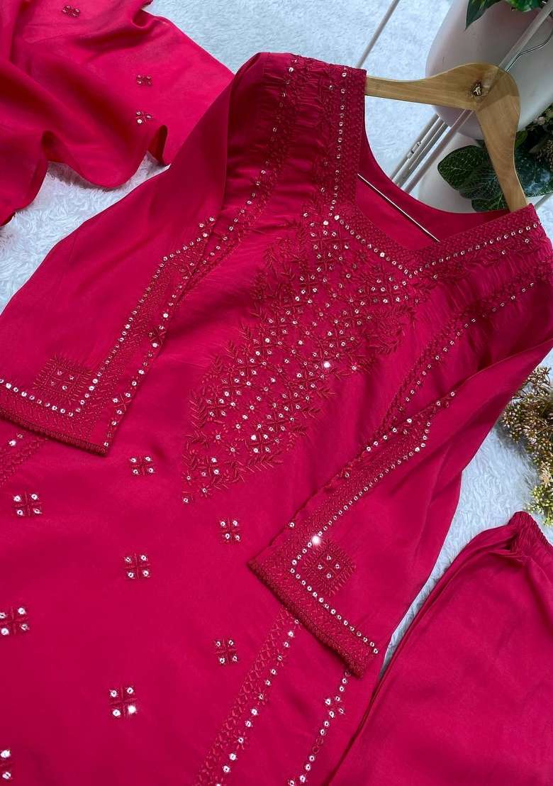 Magenta Embroidery Silk Kurta Set - Indya