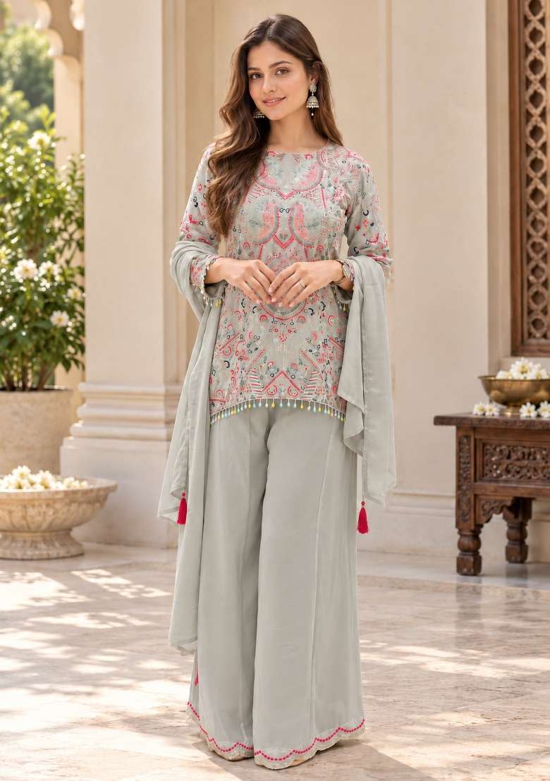 Grey Embroidery Georgette Kurta Set - Indya