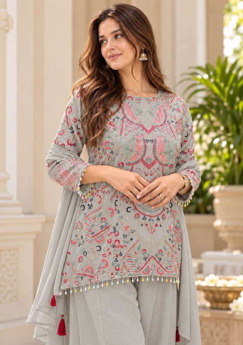 Grey Embroidery Georgette Kurta Set - Indya