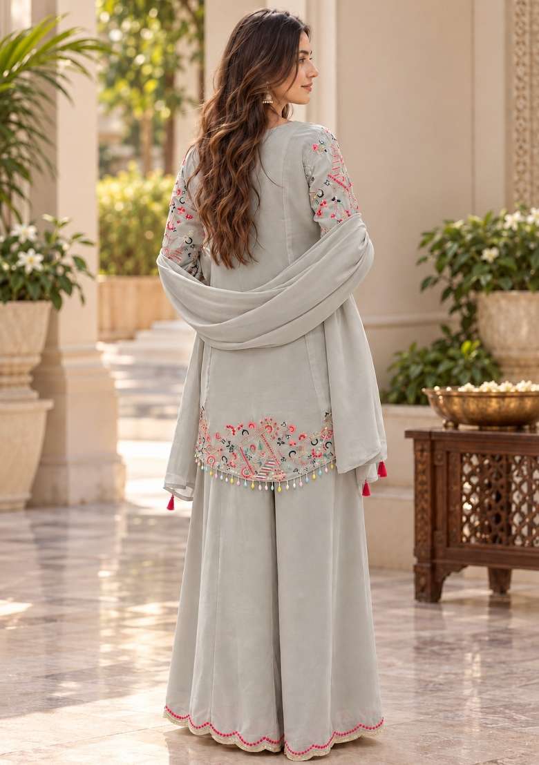 Grey Embroidery Georgette Kurta Set - Indya