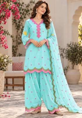 Sky Blue Embroidery Chanderi Kurta Set