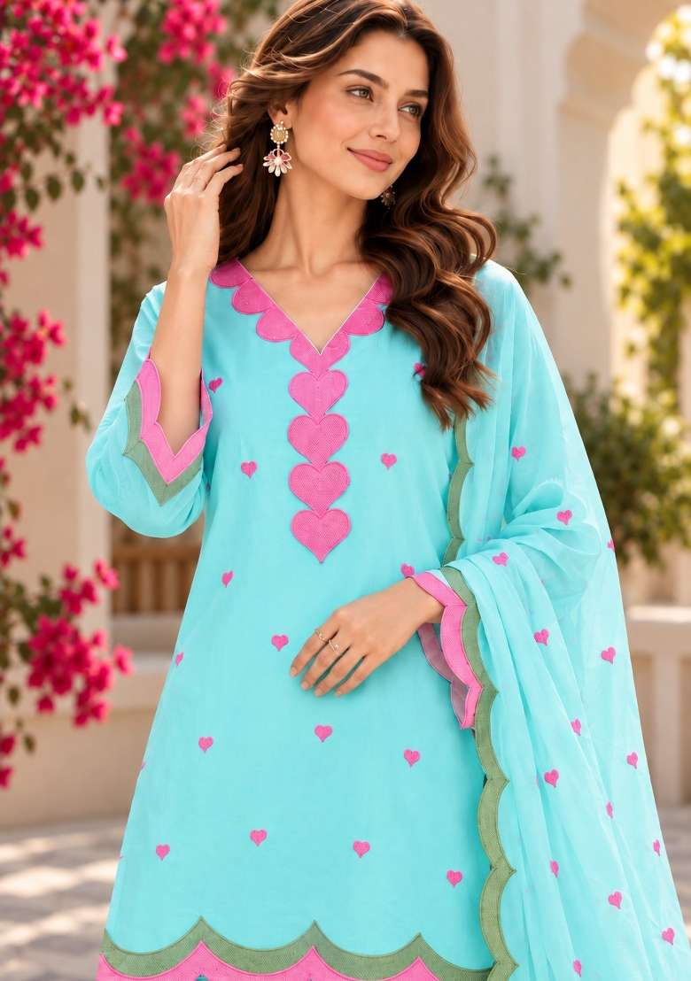 Sky Blue Embroidery Chanderi Kurta Set - Indya