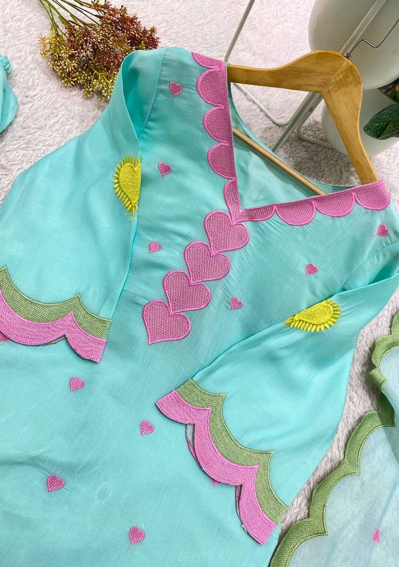 Sky Blue Embroidery Chanderi Kurta Set - Indya