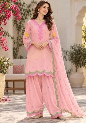 Peach Embroidery Chanderi Kurta Set
