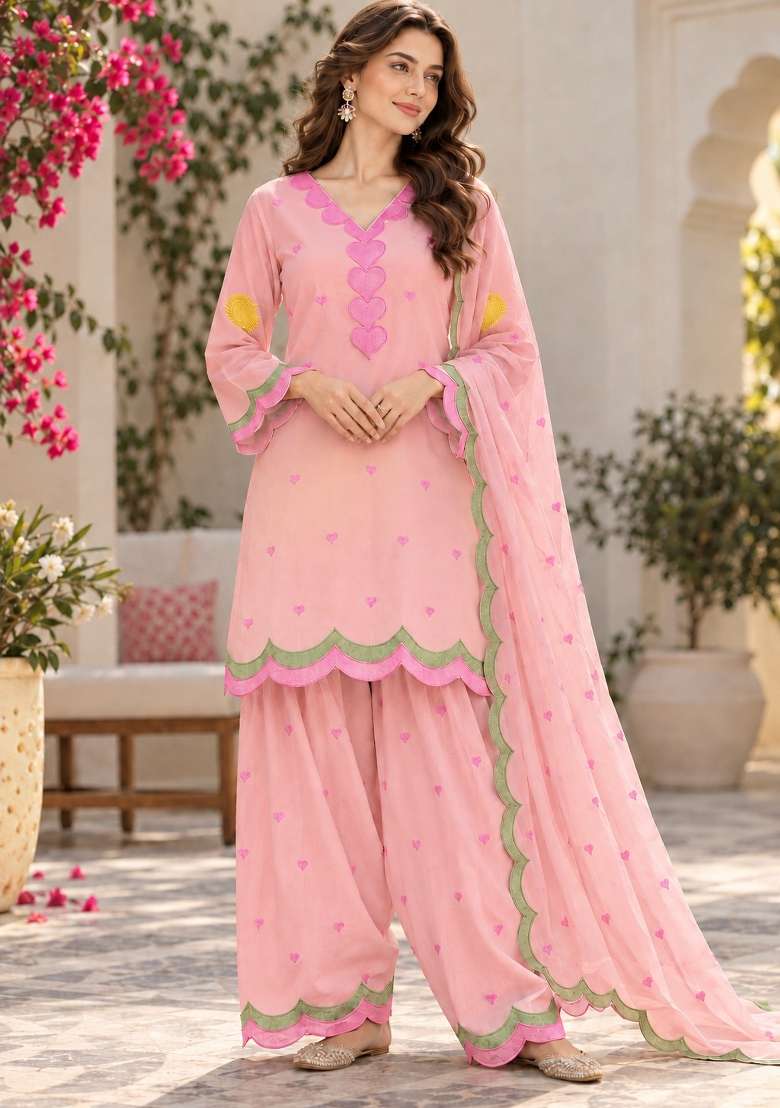 Peach Embroidery Chanderi Kurta Set - Indya