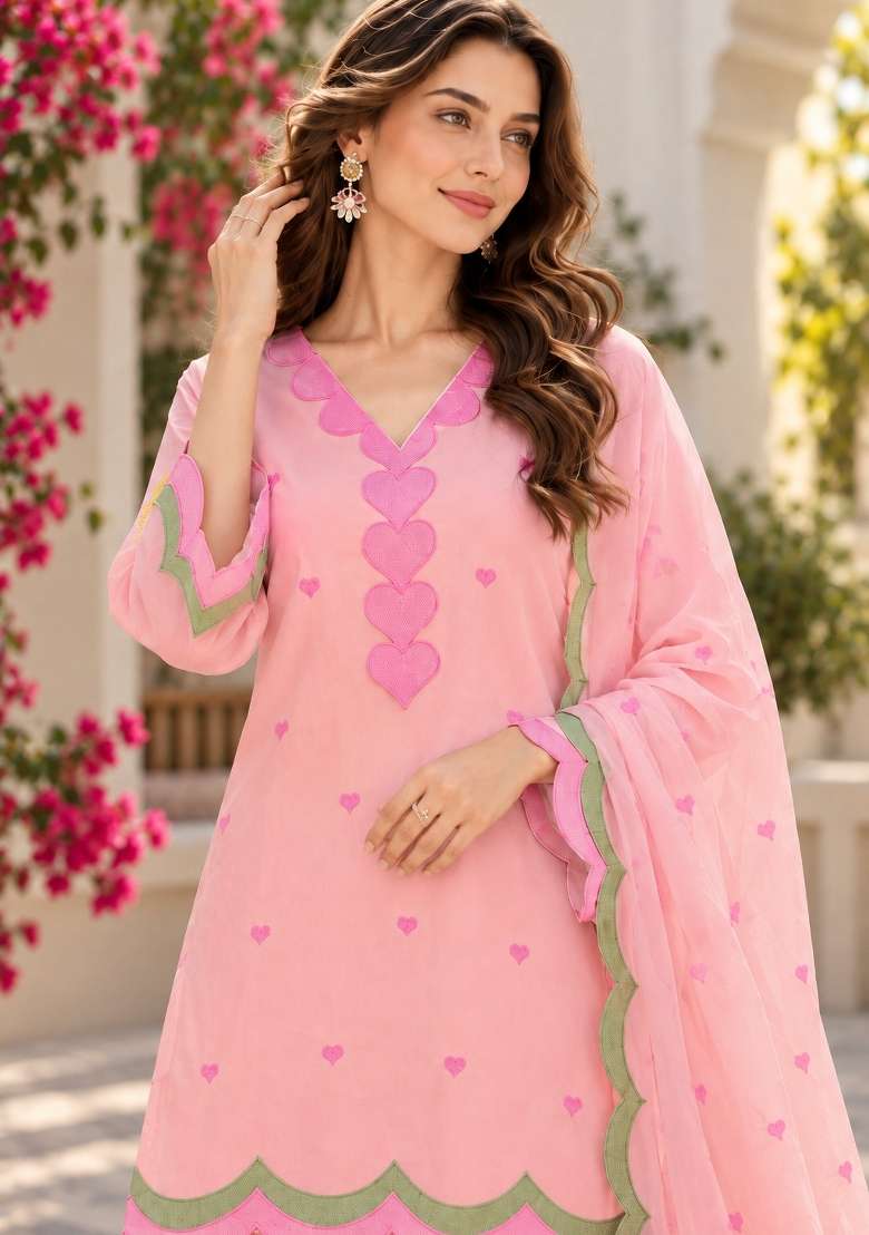 Peach Embroidery Chanderi Kurta Set - Indya