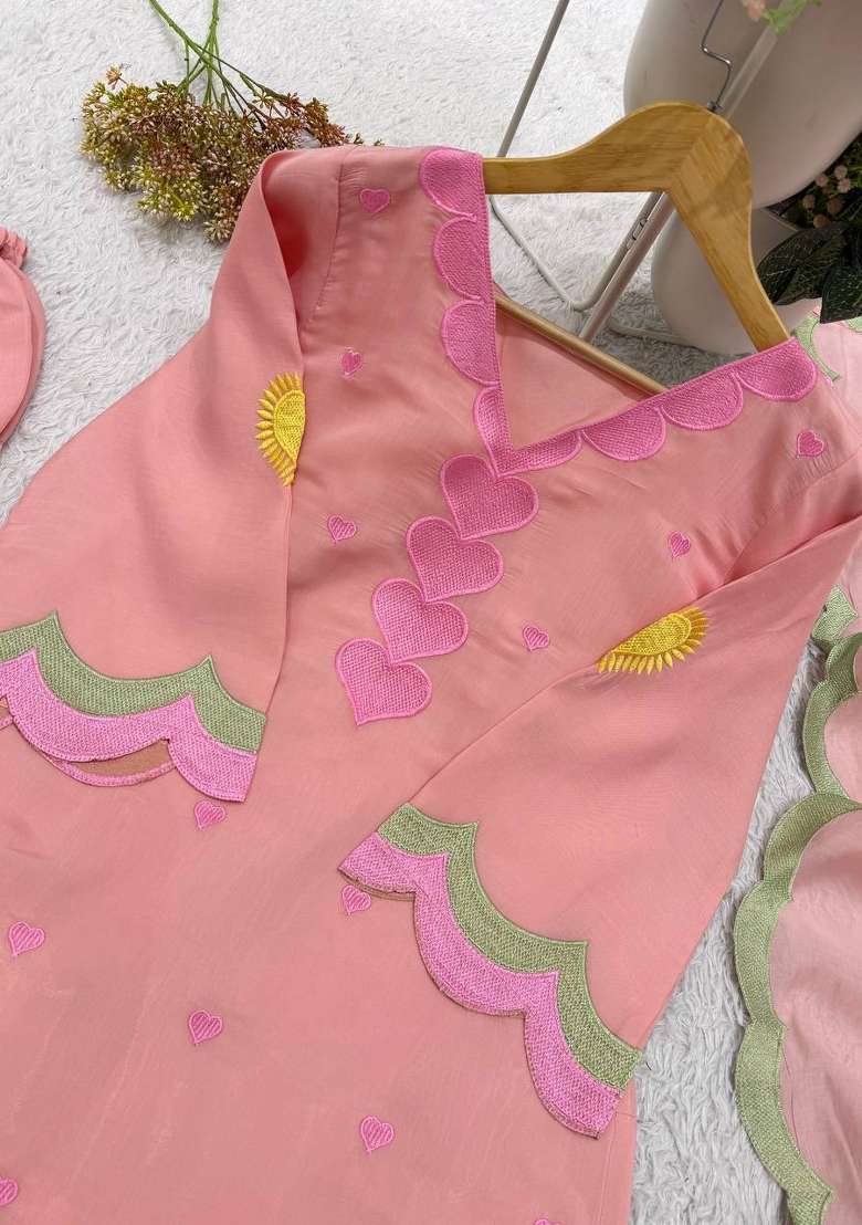 Peach Embroidery Chanderi Kurta Set - Indya